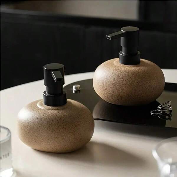 1/2pcs Luxury Beige Ceramic Soap Dispenser Set - Elegant Refillable Hand Sanitizer & Lotion Bottles, Gentle On Skin, Perfect For Spa Bathroom Experience, Soap Liquid, Bathroom Accessories