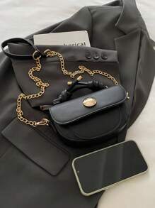 迷你链条翻盖马鞍包，女士商务休闲包，适合办公室、商务和工作场合 - 黑色 - 查看 3