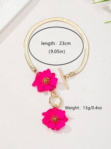 1pc Women Elegant Minimalist Anklet Gold Snake Chain With Pink Flower Pendant, Fashion Accessory For Beach Vacation - Hot Pink - View 6