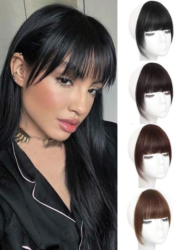 Extensiones de cabello sintético con flequillo con clip 6 pulgadas, color marrón y negro, con flequillo francés. Flequillo con clips para mujeres con patillas, postizos de flequillo curvado para uso diario