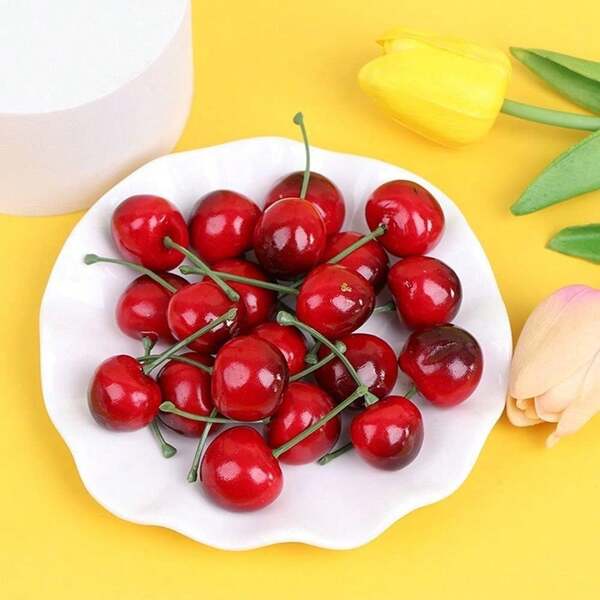 20 piezas Cerezas rojas artificiales frutas de simulación realista, decoraciones de cerezas artificiales, modelo de frutas falsas, para decoración del hogar y la cocina de frutas artificiales