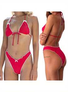 The Women's Summer Bikini Set Features A Top With A Lace Up Collar, Tie Up, Bottom Collar, Backless, And Belly Button Design. Lightweight And Soft, Skin Friendly And Breathable. Suitable For Swimming, Surfing, Beach, Tropical, Honeymoon, Sports, Vacation, Pool Parties, Etc. - 紅色 - 查看 2