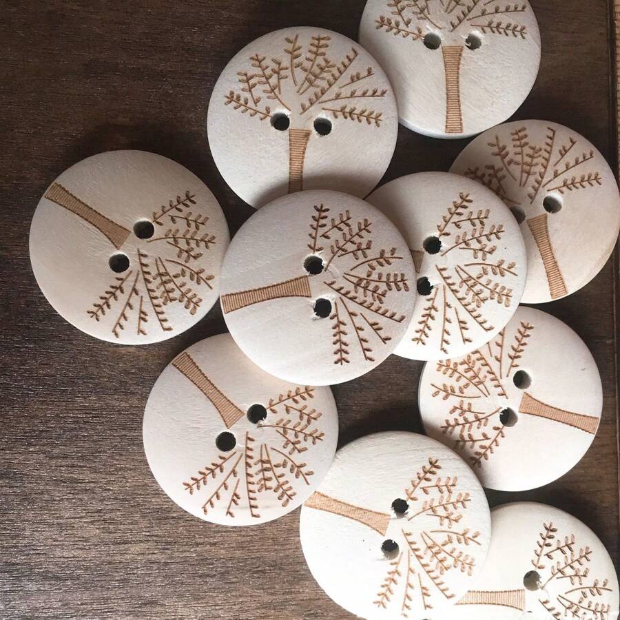 5pcs Natural Wooden Buttons, Solid Wood Color, Big Tree Design, Double Hole - White 5PCS - View 1