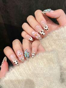 10pcs Ins Style Colorful Floral & Leopard Print Press-On Nails, Exquisite 3D Flower Design, Cute & Chic, Suitable For Resort, Handmade, Welcome Custom Order, Lovely & Elegant Artificial Nails (Packaging Card Random)