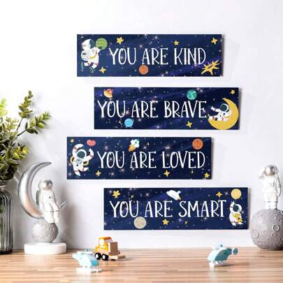 4pcs Wooden Astronaut/Spaceman Motivational Decorative Sign For Bedroom, Space-Themed Art Decor For Bedroom, Living Room, Game Room, Easy To Install And Remove