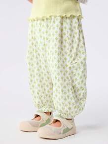 Balabala Baby Girl Lightweight Floral Print Anti-Mosquito Long Pants, Summer - White Green Tone - View 3
