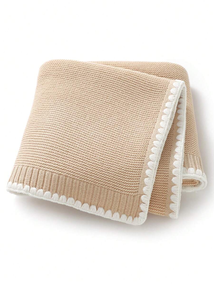 1 件婴儿针织襁褓毯，休闲简约精致边缘婴儿推车毯，四季通用 - 駝色 - 查看 1