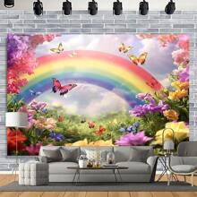 1pc, Spring Rainbow And Butterfly Photography Background, Polyester Fiber, Machine Washable, Modern Style, No Electricity Required, No Feathers, Suitable For New Year Celebrations, Celebration Accessories | Whimsical Theme | Washable Fabric