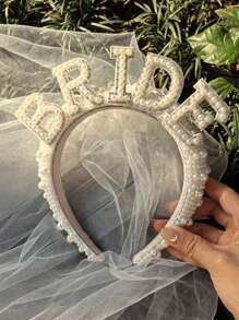 1 bucată voal cu perle pentru cap, decorare cu litere de mireasă, cu perle, cu voal, accesorii pentru păr, bentită cu perle pentru mireasă, voal pentru petrecere pentru burlac, pentru nuntă, decorațiuni pentru petreceri, accesorii pentru mireasă