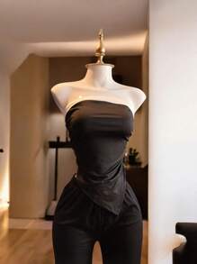 Blusa sin tirantes con bloques sin hombros - Negro - Ver 3