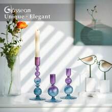 Portavelas de vidrio de colores: Juego de 3 portalámparas para velas rectas en degradado azul y morado, portalámparas modernos y únicos para centro de mesa, bodas y decoración del hogar - Degradado púrpura azulado - Ver 4
