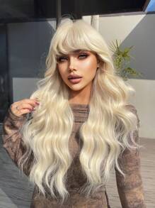 Long Curly Synthetic Wig With Bangs - Gold - View 2