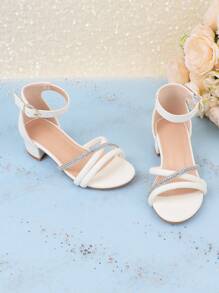 Sandalias de dedo abierto con flores de unicolor lindo para niñas, zapatos de tacón alto transpirables y ligeros adecuados para bodas, fiestas, zapatos de princesa - Blanco - Ver 3