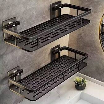 淋浴架，粘性淋浴架 1 件套带钩，无需钻孔，壁挂式防锈高端储物浴室，厨房，储物架，储物架，架子，黑色家居浴室装饰浴室收纳秋季装饰返校