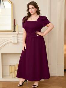 DEARCASE Plus Size Elegant Puff Sleeve Waist Dress - Grape Purple - View 3