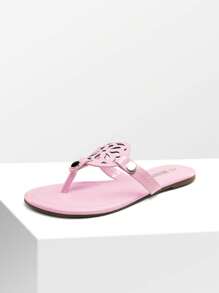 Women Flip Flops Slip On Thong Slides Flat Sandals Hollow Carved Upper Comfortable Soft Cushion Summer Vacation Daily Causal Slide Shoes - 粉色 - 查看 10