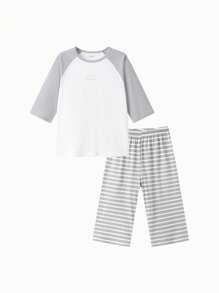 Balabala Tween Boy Spring/Summer Letter Print Contrast Raglan Sleeve Top And Striped Pants Casual Pajama Set - Gray Tone - View 4