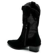 Bottes mi-mollet style western en suédine ajourée - 黑色 - 查看 3