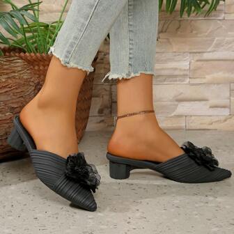 2025新款优雅3D花卉黑色尖头粗跟休闲时尚厚底凉鞋，耐磨防滑