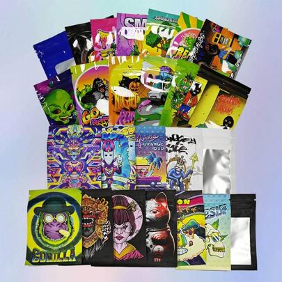 100 piezas Bolsas de embalaje de gominolas de caramelo, bolsas pequeñas de Mylar con ventana, bolsas de aluminio con cierre autoadhesivo de 7*10 cm, bolsas de almacenamiento a prueba de olores de 1 g para flores, mini bolsas planas con cierre hermético