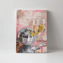 1pc Canvas Print Art Disco Ball And Champagne Art Picture Print Craft Canvas Decor Framed Ready To Hang.
