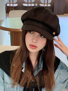 1pc Letter Buckle Octagonal Cap Beret Hat, Fashionable Brimmed Beret Cap, Suitable For Women, Versatile Spring/Summer Korean Style, Fits Large Head - Black - View 2