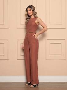 Women's Casual Tailored Set Plain Blouse With Long Trousers - 鏽棕色 - 查看 4