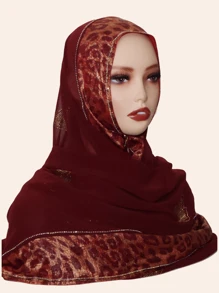 1pc Women Hijab Fashion Sequin Patchwork Leopard Print Scarf, Decorated With -Style Rhinestones, High-End Long Shawl, Suitable For Abaya