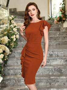 MIUSOL Solid Color Asymmetric Ruffle Sleeve Cocktail Dress, Elegant Semi-Formal Women Dress