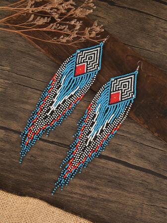 Handmade Beaded Earrings, Boho Style Vintage Earrings, Retro Color Long Tassel Dangle Earrings, Women Fashion Accessories, Everyday Versatile, Holiday Thanksgiving Christmas Valentine Gift Choice