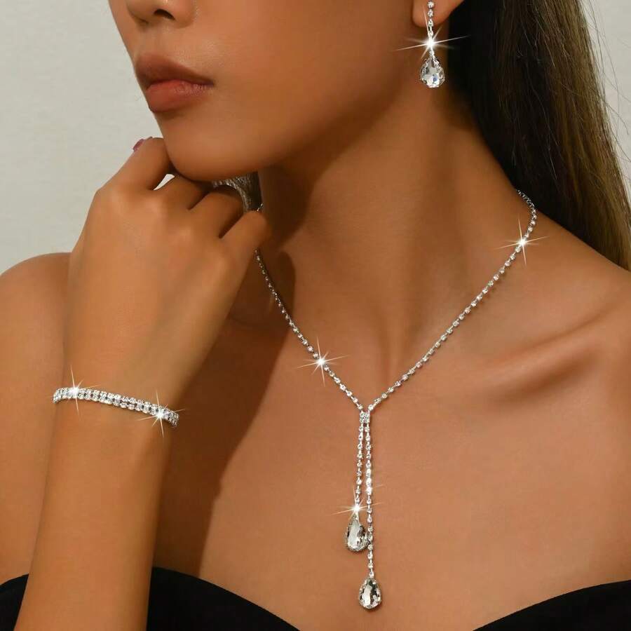 New Simple Japanese And Korean Water Drop Shiny Full Rhinestone Necklace Bride Wedding Banquet Party Set Necklace