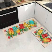 1/2pcs "Hello Summer" Kitchen Carpet Set, Fruit Popsicles Design Floor Mat, Soft Non Slip, For Kitchen, Living Room, Bedroom, Versatile Home Decor, For Indoor/Outdoor Use