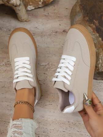 New Beige Casual Sneakers, Flat Lace-Up Anti-Slip Non-Fatiguing Lightweight Comfortable Athletic Shoes For Walking, Strolling, Daily Wear, Extremely Comfortable Fit, Simple & Fashionable,