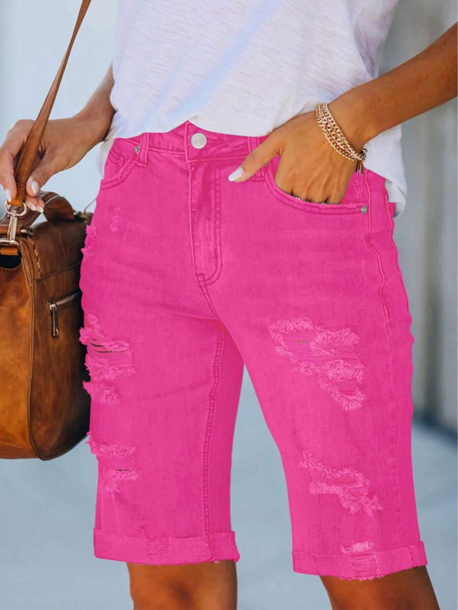 Necooer Women Jean Shorts Ripped Casual Summer Mid Waist Stretchy Five Points Denim Jean Shorts - 玫紅色 - 查看 1