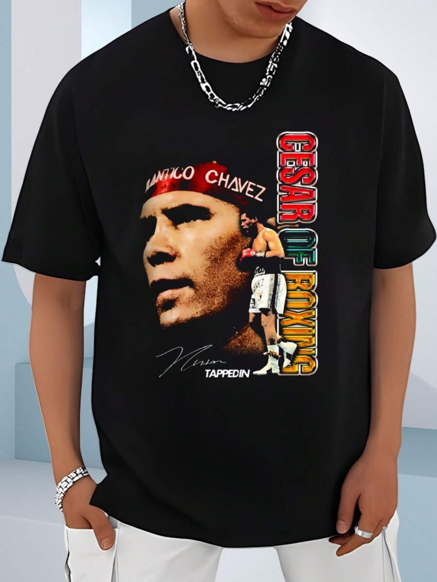 Camiseta Para Hombre 1Pcs 220g 100% Algodón Estampado Digital Con Leyenda Del Boxeo - Negro - Ver 1