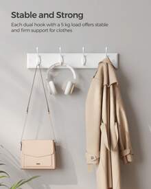 SONGMICS Wall Mounted Coat Rack, Coat Rack, Cloakroom With 4 Double Metal Hooks, Hallway, Hallway, Living Room, Bedroom, Hallway, Hallway, White - 白色 - 查看 3