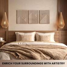 3 pièces Œuvre murale en bois rustique - Grandes sculptures géométriques de montagnes et de soleil, ensemble de 3, décoration d'intérieur bohème pour salon, chambre à coucher, bureau avec installation facile