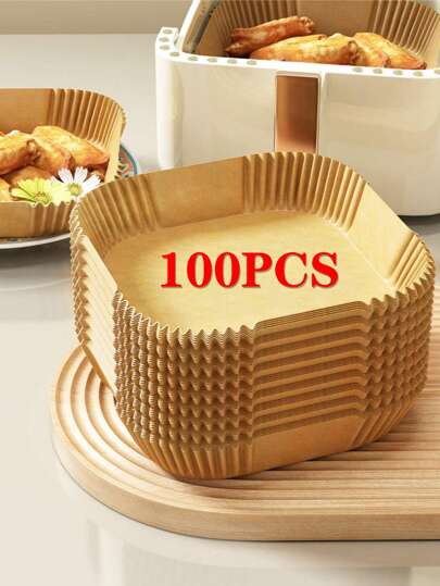 100PCS Air Fryer Liners, Square Disposable Air Fryer Paper Liners, Non-Stick Oil-Proof Parchment Paper Sheets For Baking Roasting, Cooking Tray, Essential Baking Supplies, Must-Have Kitchen Accessories For Air Fryer, Kitchen, Food, Oven.