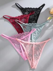 5 件套女士纯色蕾丝图案腰带低腰性感丁字裤女士内衣