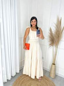 Long Striped Colorful Tricoline Strap Dress - Beis - Ver 1