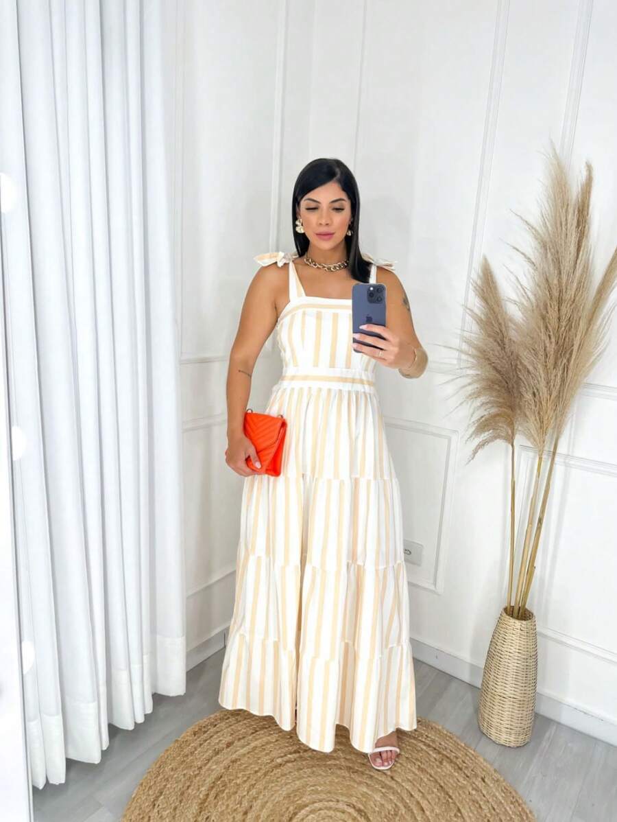 Long Striped Colorful Tricoline Strap Dress - Beis - Ver 1