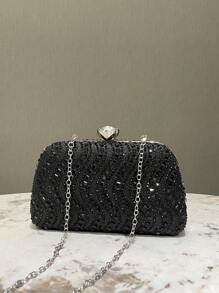 1pc Elegant Black Shiny Rhinestone Embellished Double-Sided Women's Clutch Bag, Formal Evening Party Wedding Handbag, Suitable Gift For Ladies - Black - View 2
