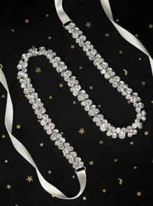 1pc Rhinestone Luxurious Wedding Dress Sash, Handmade Ladies Fashion Waist Belt Valentine's Day Accessories - Silver - View 3