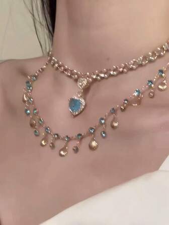 1 件贝壳海蓝宝石锆石复古多层流苏项链，女士款，精致百搭