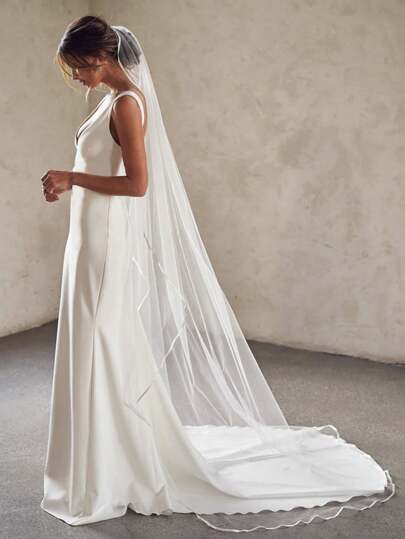 1 pieza Velo de novia de longitud catedral con ribete de satén y peine, adecuado para bodas, accesorios nupciales, fotografía, ropa de otoño para mujeres