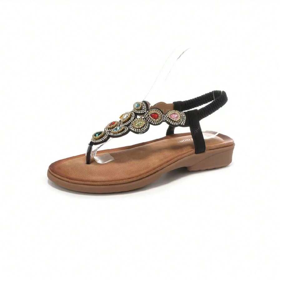 女士水钻装饰时尚日常旅游度假平底人字形凉鞋时尚凉鞋夏季女式凉鞋