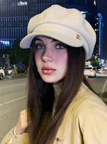 1pc Letter Buckle Octagonal Cap Beret Hat, Fashionable Brimmed Beret Cap, Suitable For Women, Versatile Spring/Summer Korean Style, Fits Large Head - Black - View 9