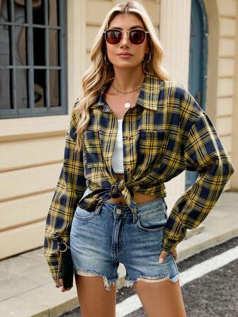 Women Autumn/Winter New Turndown Collar Long Sleeve Pocket Button Plaid Shirt Top