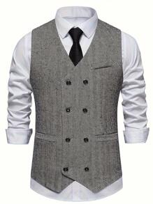 Retro Striped Double-Breasted V-Neck Men's Suit Vest Jacket
