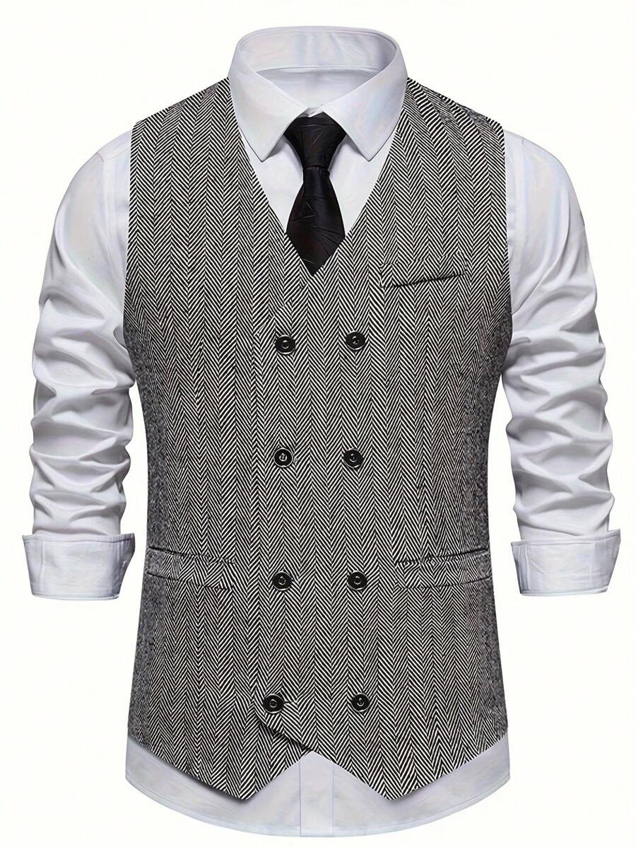 Retro Striped Double-Breasted V-Neck Men's Suit Vest Jacket